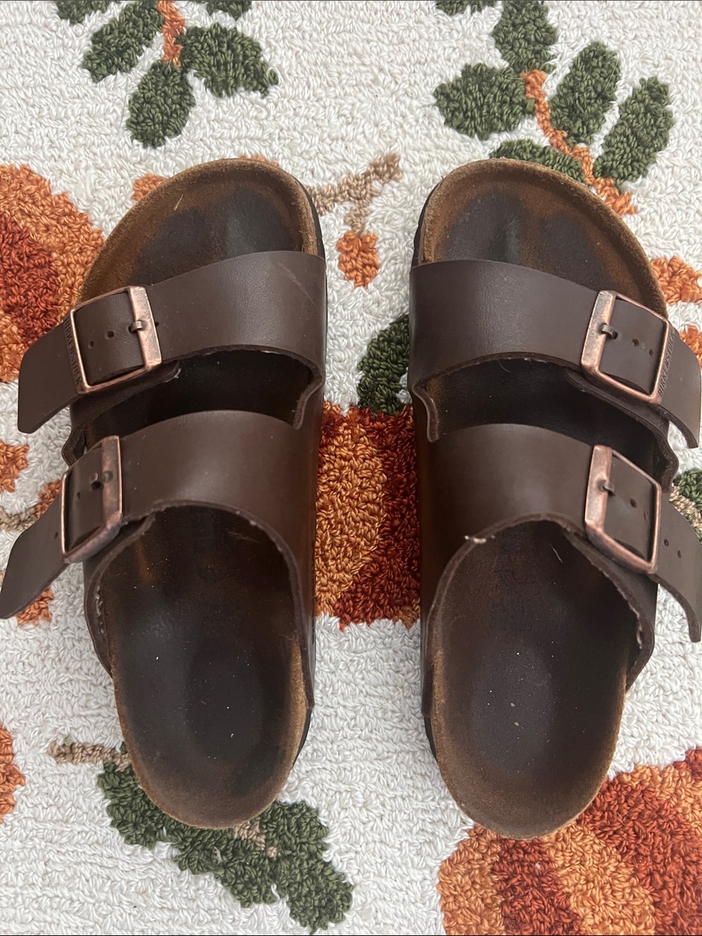 Birkenstock Brown Double-Strap Sandals with Copper Buckles